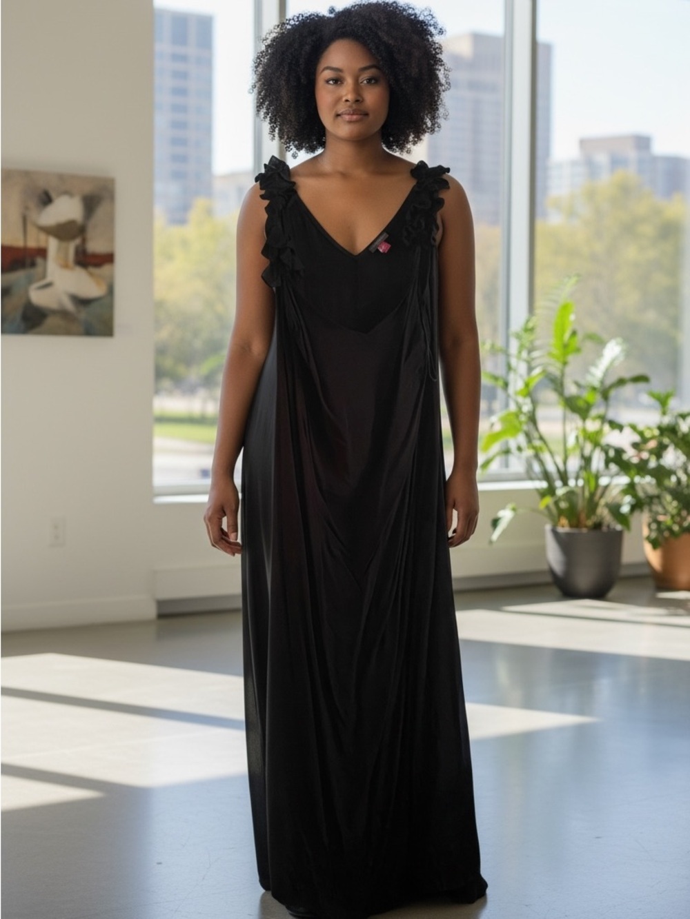 Vince Camuto Black Ruffle-Shoulder Maxi Dress